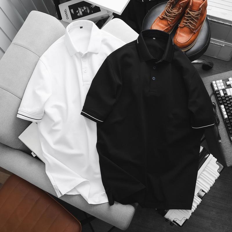 Áo thun polo ngắn tay có cổ trơn đen trắng co giãn 4 chiều cao cấp Menswear Nam Cotton Top Nhung
