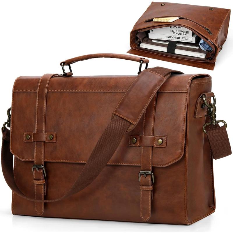 TikTok Shop Mens Messenger Bag 17 Inch Waterproof Vintage Leather Laptop Briefcase Large Laptop Bag Satchel Bag Computer Shoulder Bag for Office Business Travel College Brown