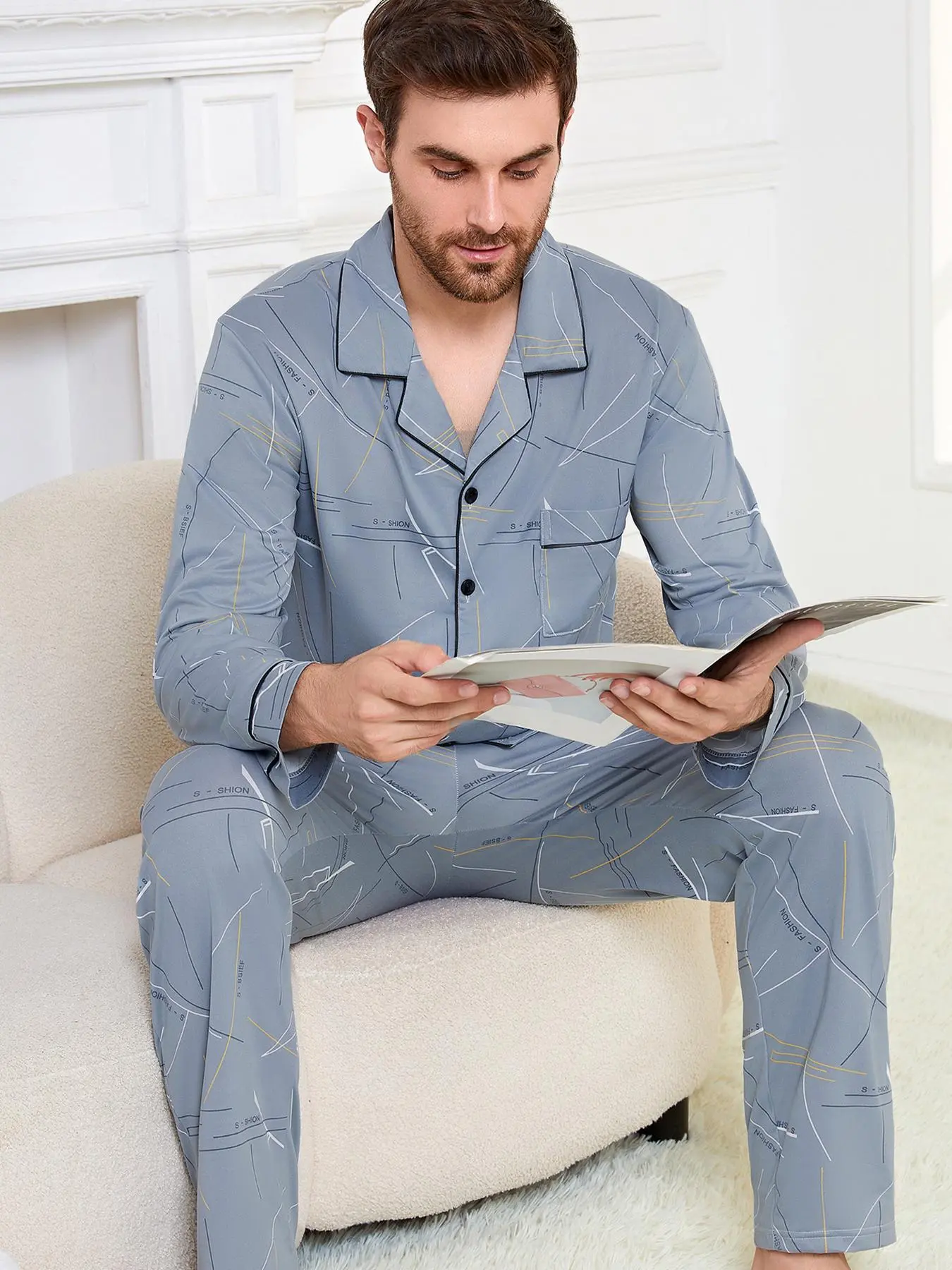 Two-Piece Set Men's All Over Print Button Front Pocket Top & Pants Pyjama, Casual Comfy Long Sleeve Top & Trousers PJ Set, Men's Sleepwear for All Seasons