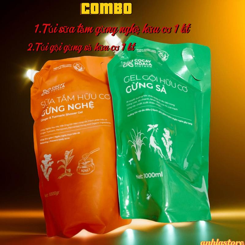 [combo]Túi Sữa Tắm Gừng Nghệ + Túi Gội Gừng Sả Cỏ Cây Hoa Lá 1000ml 2