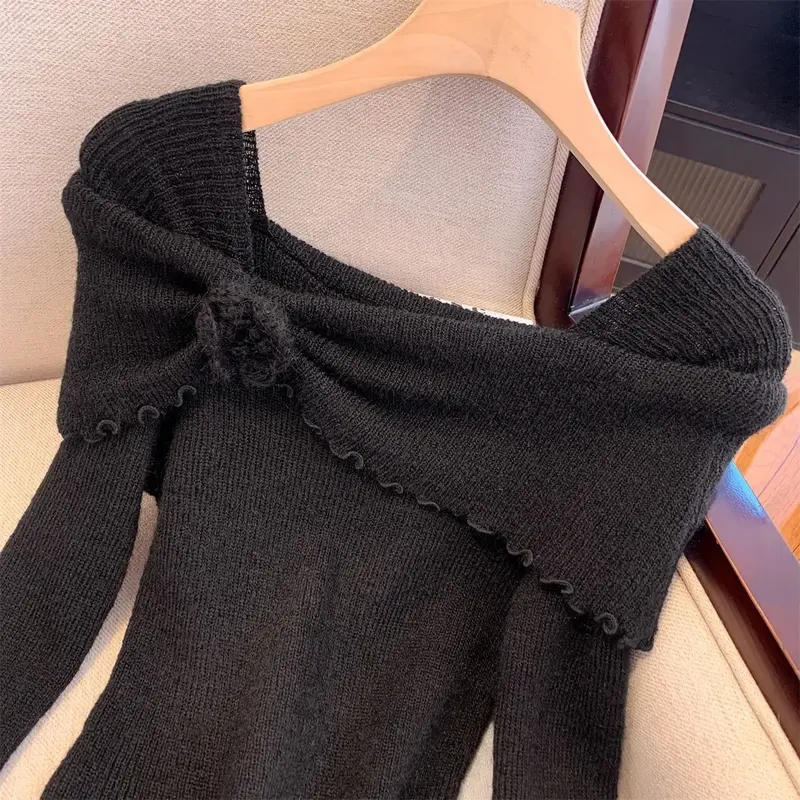 Đồ Len Cho Nữ, Phong Cách Cổ Điển Selvedge Dây Áo Len Đỏ Thanh Lịch, Bộ Sưu Tập Mới Mùa Thu, Tay Kèn Hợp Xu hướng Áo Len Bất Đối Xứng Women Top 4