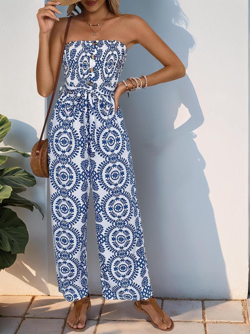 Product Introduction of Women's All Over Print Shirred Tube Jumpsuit, Chic Casual Pocket Jumpsuit for Summer, Fashion Women's Clothes for Daily Wear, Womenswear 3