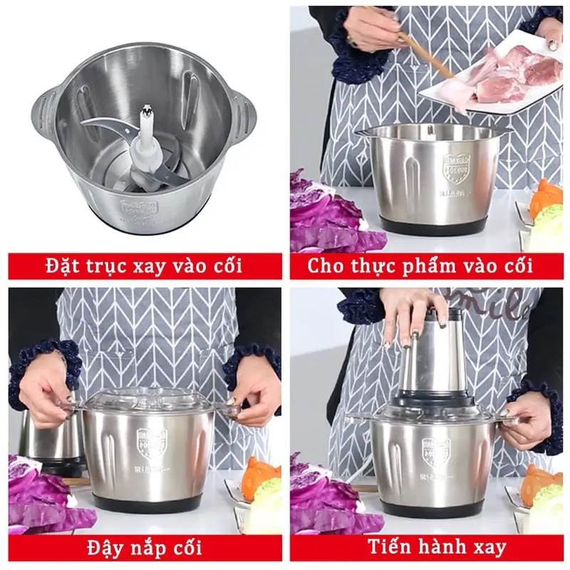 Máy Xay Thịt Đa Năng Cối INOX 304 2L Công Suất 250W, 4 Lưỡi Dao Xay Thịt Cá, Rau Củ, Xay Sinh Tố, Cối Xay Thực Phẩm Đa Năng. 4