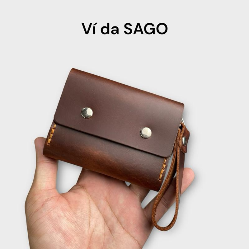 Ví hộp nhỏ gọn đưng thẻ , cccd mới , tiền gập đôi da bò sáp pullup, kích thước 8x10.5 cm.- thương hiệu Ví da SAGO