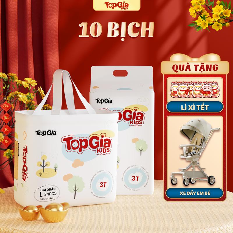 10 BỊCH (TẶNG XE ĐẨY GẤP GỌN + MIẾNG DÙNG THỬ) Tã/Bỉm TopGiaKids pH < 7 ngừa hăm, đai chun đệm mây mềm mại co dãn 4 chiều, thấm hút bề mặt khô thoáng size S đến XXXL cho bé từ 4-20kg
