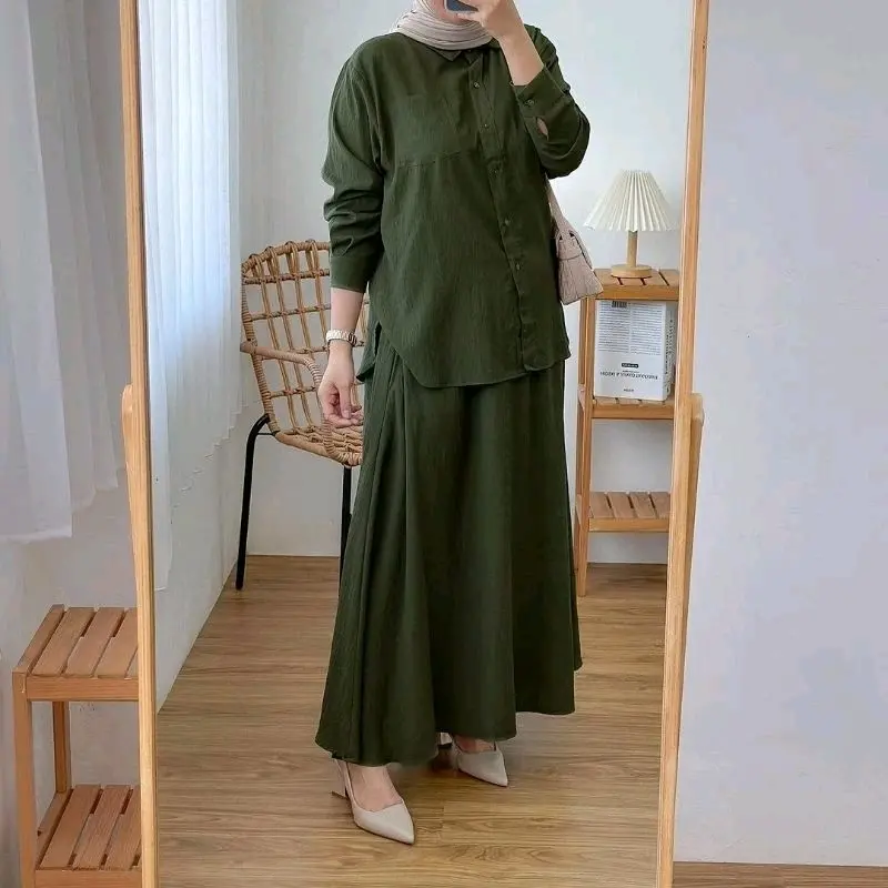 Humaira One Set Skirt | Setelan Rok Muslim Wanita Remaja Crinkle Airflow | Full Kancing Kantong Rok Melar Full Karet Kerah Kemeja 7