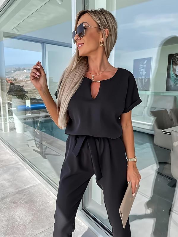 Women's Solid Belted Jumpsuit, Elegant Batwing Sleeve Pocket Jumpsuit for Summer, Fashion Women's Clothes for Daily Wear 7