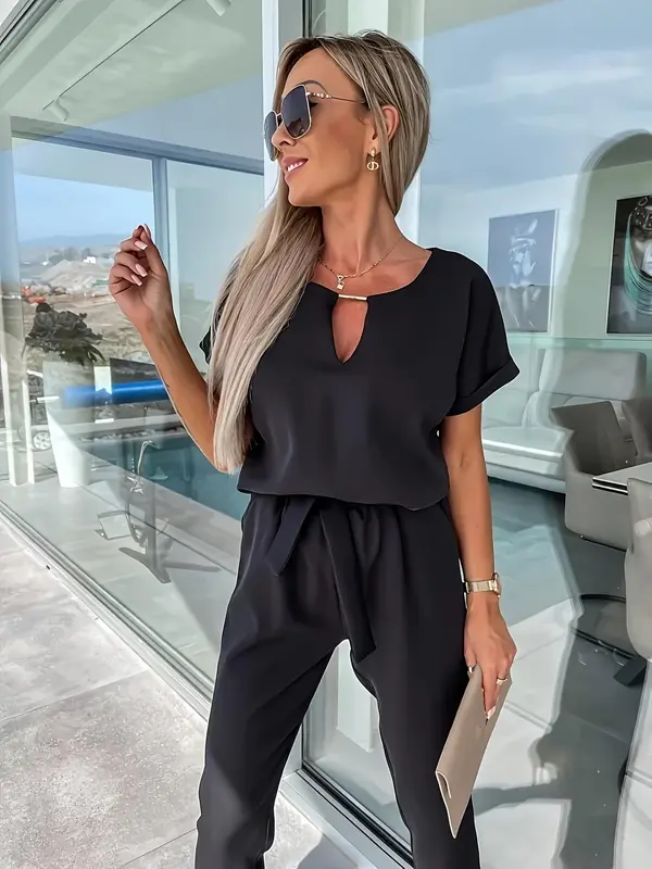 Women's Solid Belted Jumpsuit, Elegant Batwing Sleeve Pocket Jumpsuit for Summer, Fashion Women's Clothes for Daily Wear 7