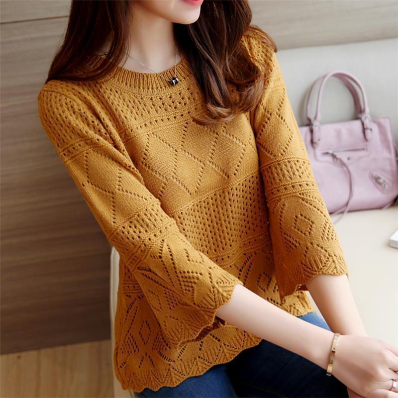 Áo Thun Áo Ngắn Áo Len Mỏng Cho Nữ, Tay Áo Ba Phần Tư, Áo Cánh Lụa Lạnh khoét Bộ Sưu Tập Xuân Hè Mới 2024, Dễ Phối Đồ Quần Áo Nữ Hợp Xu hướng 2