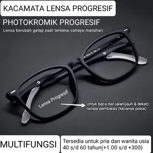 Ar Kacamata lensa Progresif baca dan jalan model sporty kaca Photocromic untuk laki-laki dan perempuan usia 40 s/d 60 tahun bentuk kotak ringan lentur anti patah