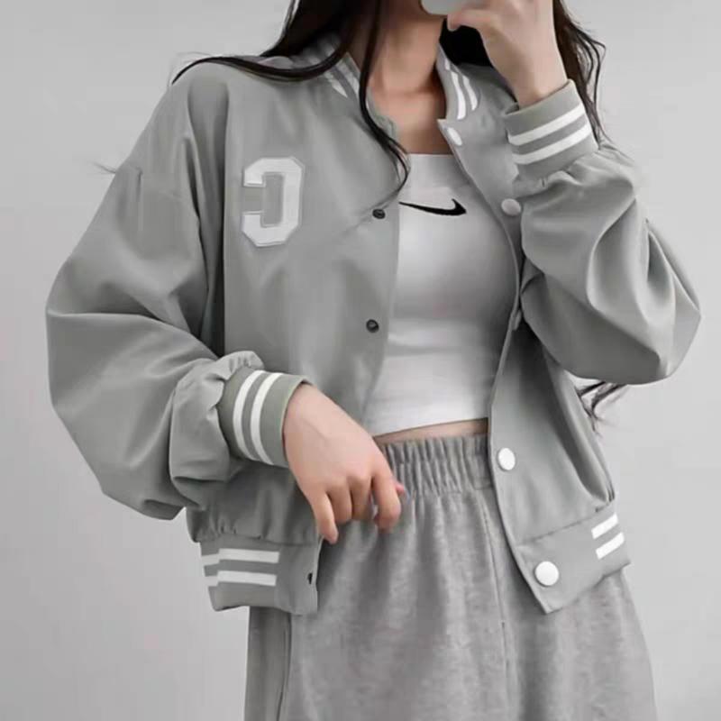Áo Khoác Bomber Nữ Thêu Chữ C Dáng Ngắn Vải Dù  2 Lớp Dày Dặn Bảo Đăng Women Jacket Top Có Cổ Màu Xám