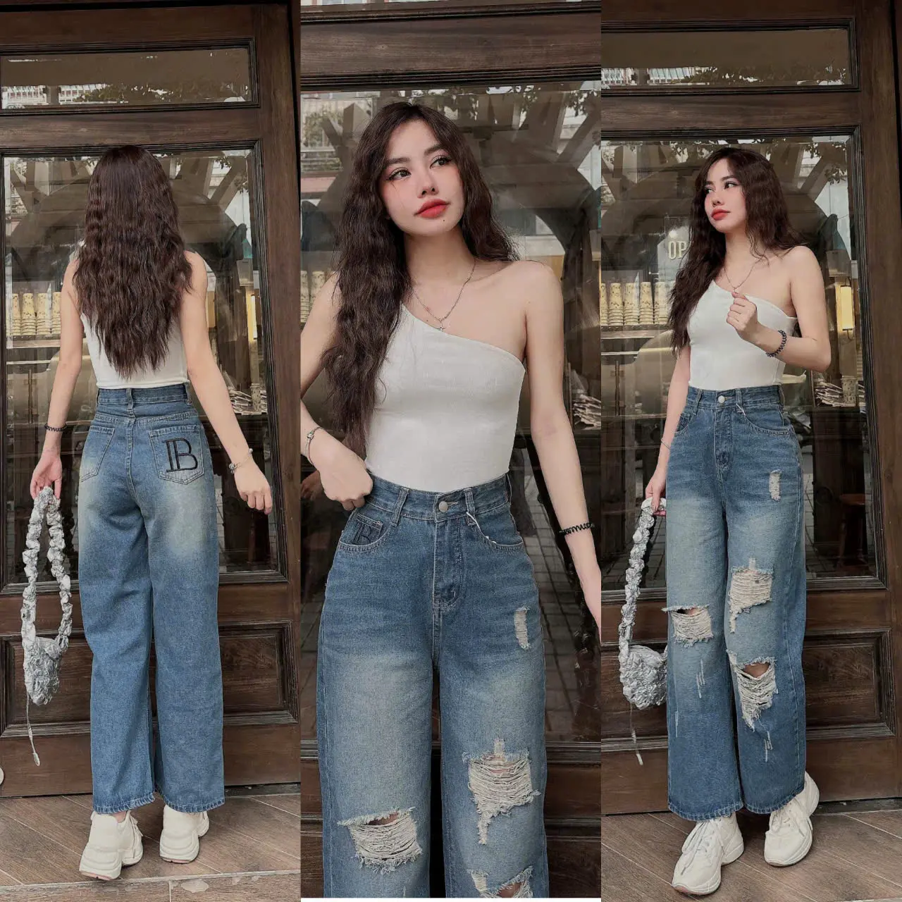 ( SUÔNG NẤM LÙN )QUẦN JEAN SUÔNG NỮ RÁCH THỜI TRANG THÊU CHỮ B MS 212