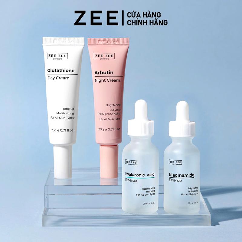Combo hỗ trợ dưỡng ẩm và làm sáng da gồm: NIACINAMIDE, HYALURONIC ACID, kem dưỡng GLUTATHIONE & ARBUTIN-ZEE ZEE SKINCARE