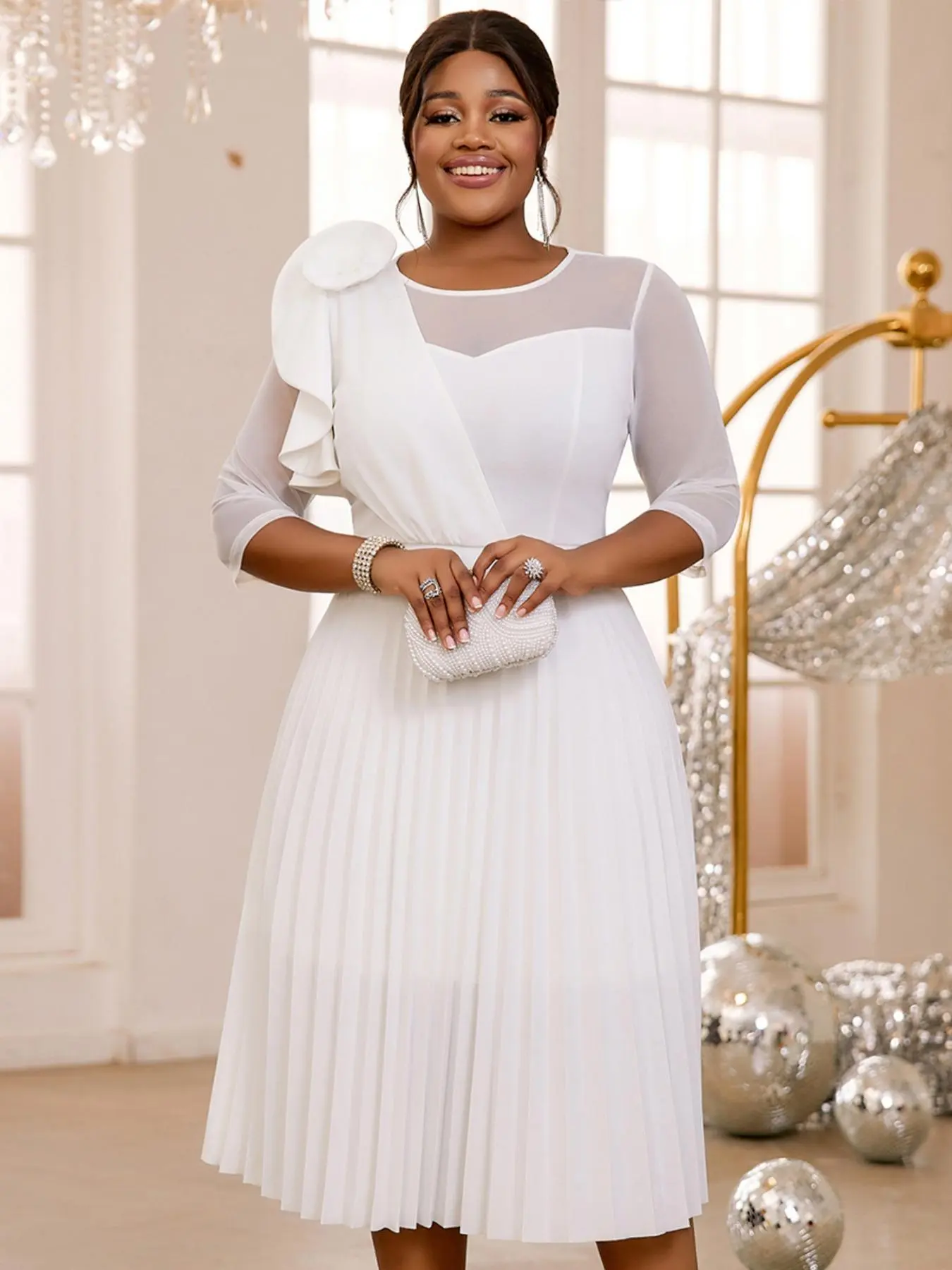 【Plus Size】 Plain Contrast Mesh Sheer Pleated Dress, Elegant Round Neck Half Sleeve A Line Dress, Women's Clothes for All Seasons