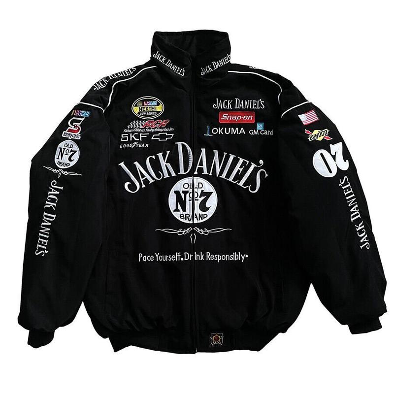 Áo Khoác Jack Daniels Racing ,logo thiêu Áo dày 3 lớp lót chằng bông Màu đen Nam Jacket Menswear