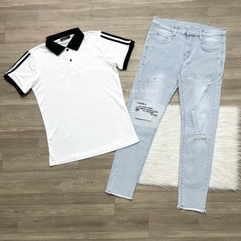 Bộ 40-75kg quần jeans màu xanh nhạt , thêu chữ ở gối,  co giản ôm gọn kết hợp áo thun tay ngắn màu trắng, đen tay phối 2 sọc, chất thun cá sấu co giản 4 chiều, thấm hút mồ hôi) size 45-75kg dành cho nam  Menswear Có Cổ Shirt