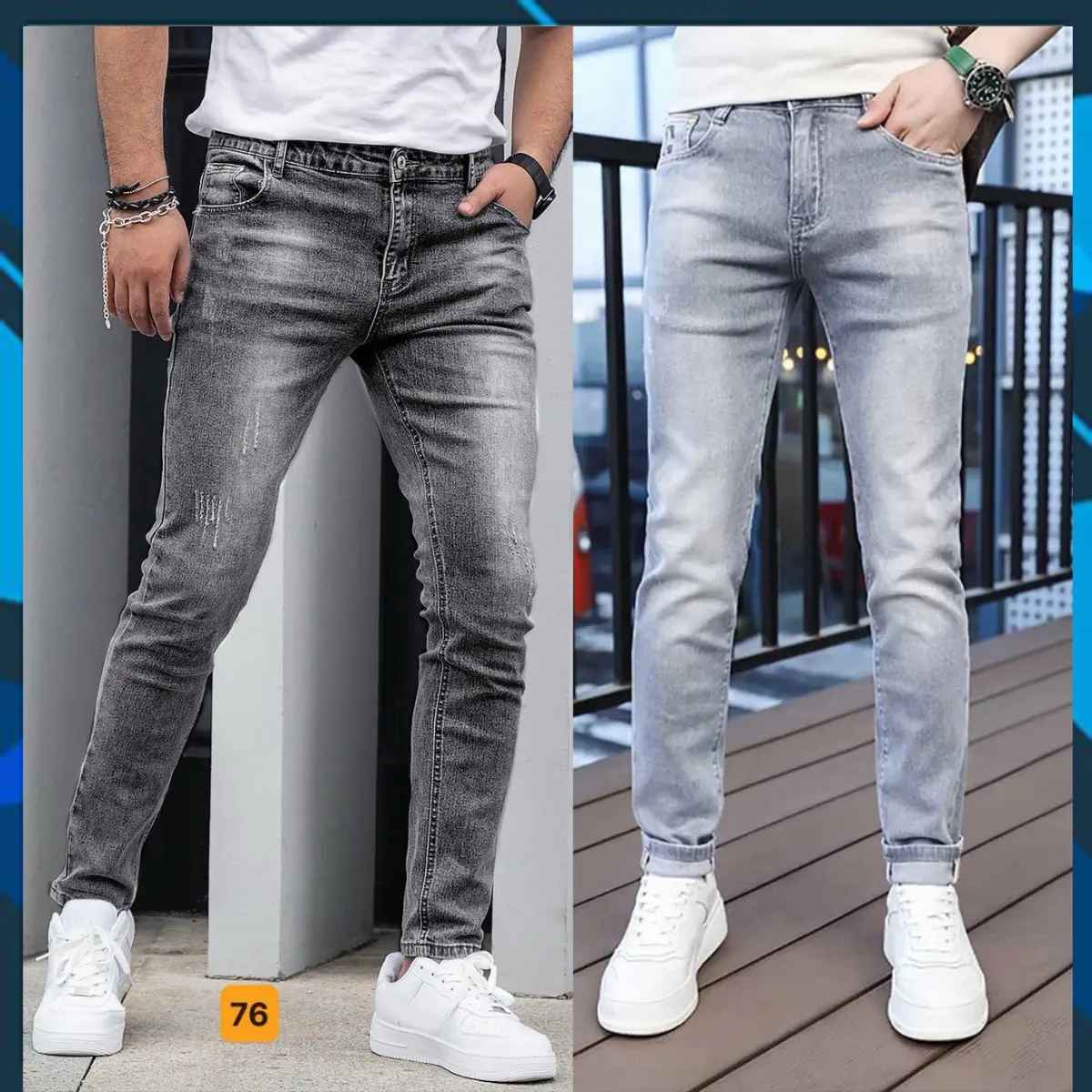 Quần Jean Nam Màu Xanh Nhạt, Quần Jeans Nam Màu Xám Bạc, Co Giãn Tốt Trơn, Form skinny ôm gọn Menswear Có Túi Pants