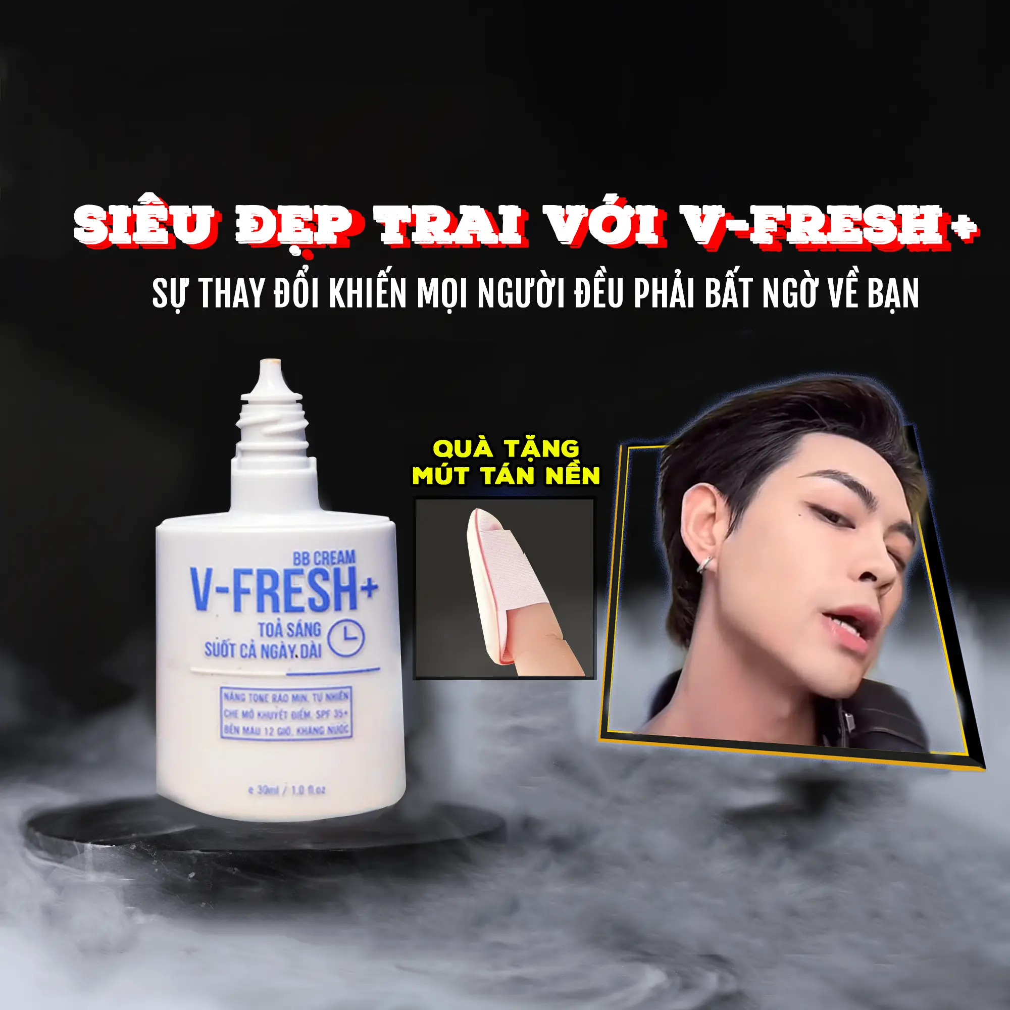 Kem nền che khuyết điểm VFresh Plus cho nam : Lớp finish siêu đẹp, nâng tone tự nhiên 12 giờ , kháng nước, chống nắng, che khuyết điểm, PNLS, HJL