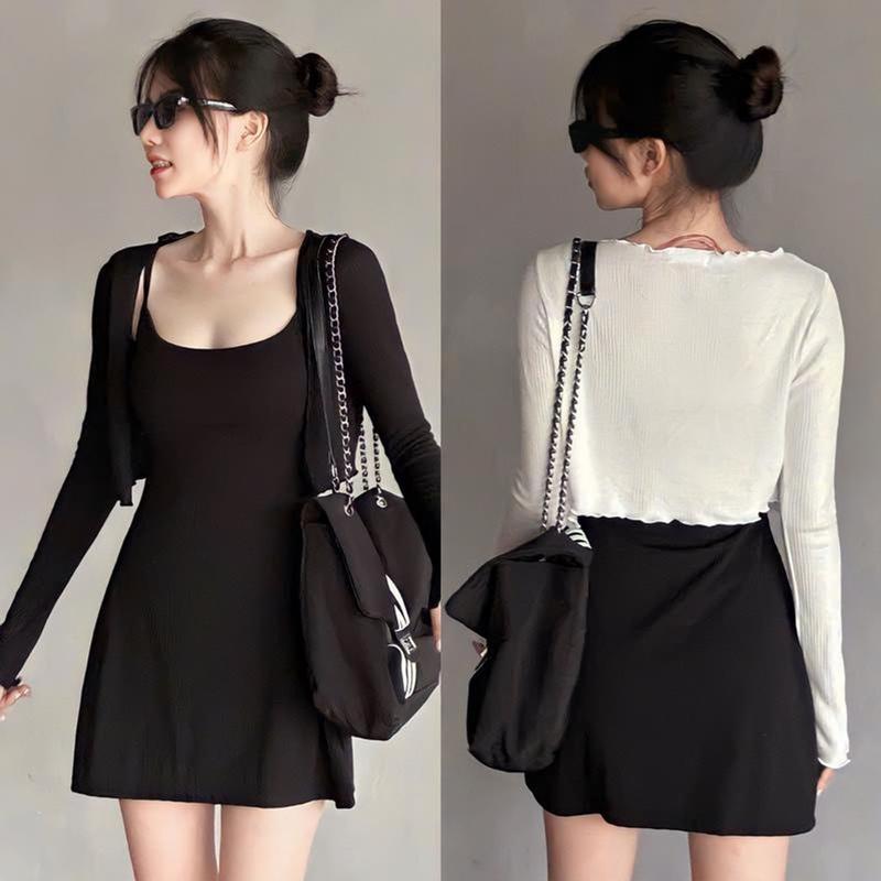 Đầm hai dây nữ xòe nhẹ kèm quần trong chất thun mềm mát phong cách đơn gian thanh lịch mặc cực kỳ tôn dáng Váy Đen Women Dress Kem 1