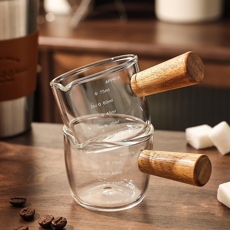 Product Introduction of 1/2pcs 100ML Double Spout Coffee Milk Glass Pot with Wood Handle Cute Measuring Frothing Pitcher Latte Cup for Barista Coffee Making 15