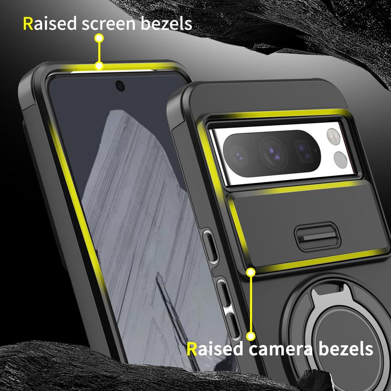 360 °     Magnetic Metal Ring Holder Phone Case With Sliding Camera Protection For Google Pixel 9A Pixel 9 Pro XL 9 9 Pro 8 Pro 8A 7 Pixel 7 Pro Heavy Duty Shockproof Armor Hard Back Cover Dustproof, IP67 waterproof, sweat proof 3