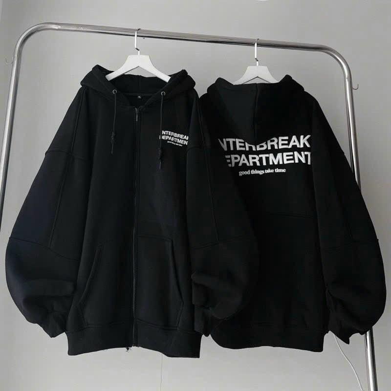Áo Khoác Thun Nỉ Len Tay Dài In Chữ INTERBREAK Kiểu Rộng Unisex Nam Nữ Top Đen Xám- Áo Hoodie Có Khoá Kéo Zip Có Nón 2 Lớp Chống Nắng Thu Đông Jacket Kem