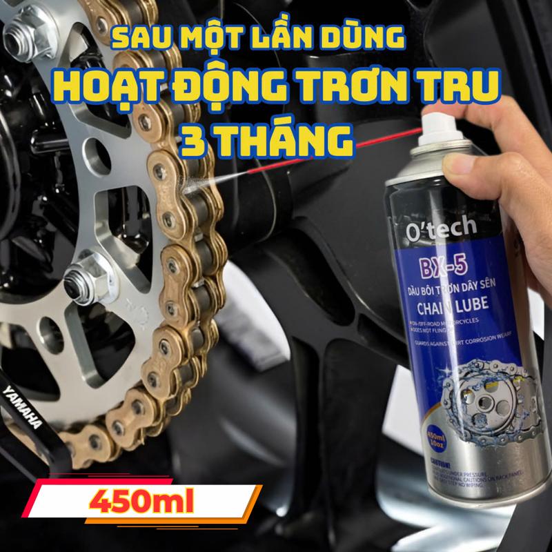 Chai xịt dưỡng sên, dầu bôi trơn xích xe máy chống văng, chống rỉ sét O’tech BX-5 (450 ml) Chain Lube dầu nhớt cho Phụ Tùng sên