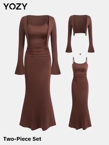 YOZY Women's Solid Ribbed Flounce Sleeve Crop Outerwear & Ruched Bodycon Cami Dress Two-piece Set, Casual Fashion Cozy Two-piece Outfits for Daily Outdoor Wear, 2 Piece Sets Women, Women Two Piece Set Clothes for Spring Fall,