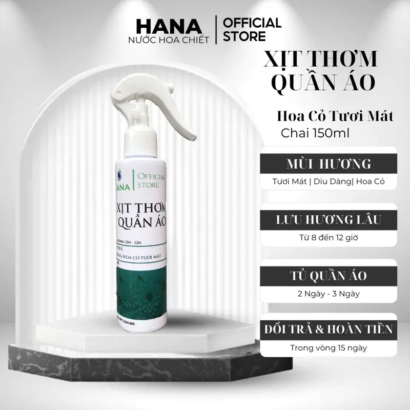 Xịt Thơm Quần Áo HANA Hương Tươi Mát 150ml - Khử Mùi, Kháng Khuẩn, Thơm Lâu 0