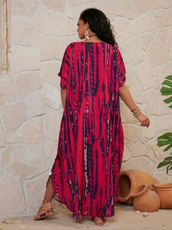 Plus Size Tie Dye Print Butterfly Sleeve Split V Neck Dress, Boho Casual Half Sleeve Dress for Daily Holiday Vacation Wear, Women's Plus Clothing for Summer 1