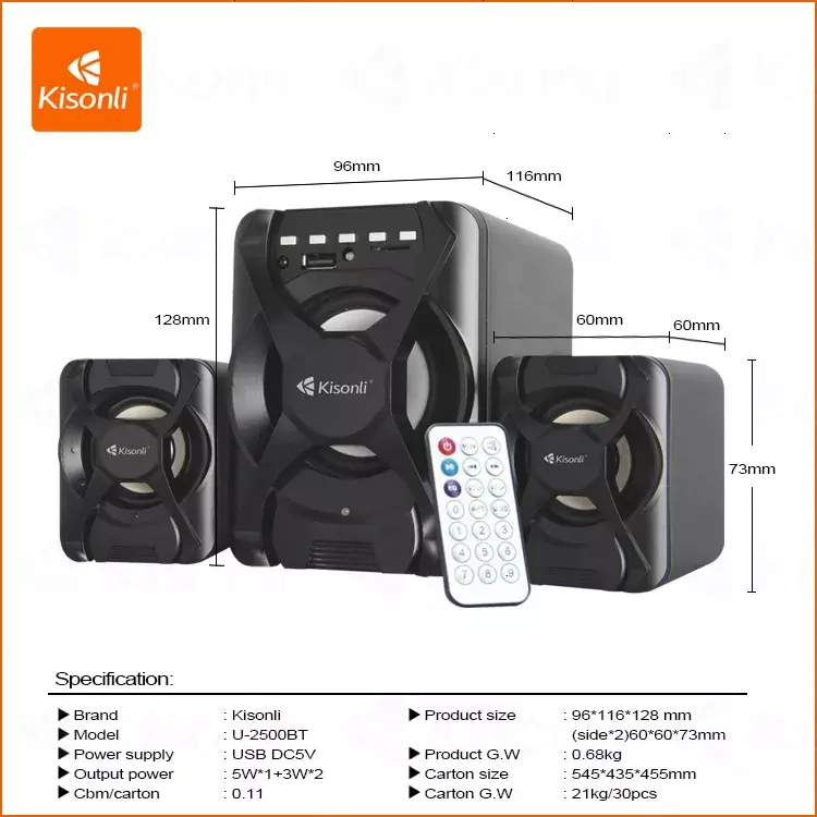 KISONLI Gaming Speaker 2.1 U-2500BT X-Audio With Remote Controlled Support BT, USB, TF Card & Radio subwoofer speakers Bass 6