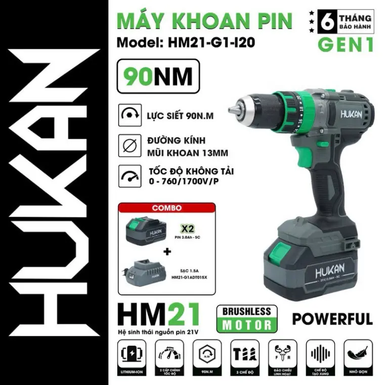 Thân Máy Khoan pin 13mm chân pin phổ thông HUKAN 120I không chổi than đầu kẹp autulock