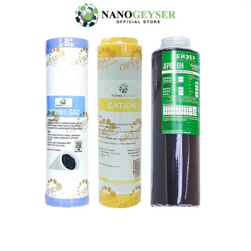 Bộ 3 lõi lọc nước 123 dùng cho các dòng máy NANO, Lõi PP.2IN1.GAC, Cation, Aragon Nano Geyser 1