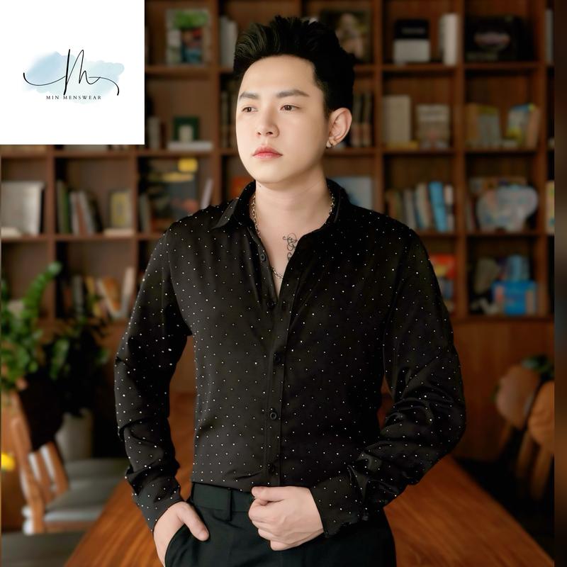 Áo Sơ Mi Nam Min Menswear Thiết Kế Đính Đá Thật Lụa Ladin Chấm Bi Dài Tay - Shirt, Có Cổ