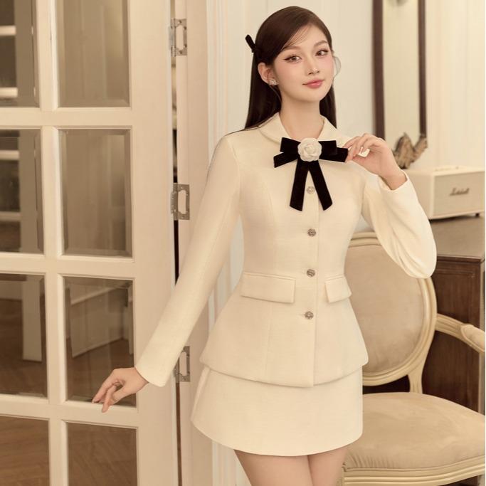 SERA- Set áo khoác dáng ôm và chân váy chữ a dạ text ALMIRA tiểu thư Tặng kèm nơ cài