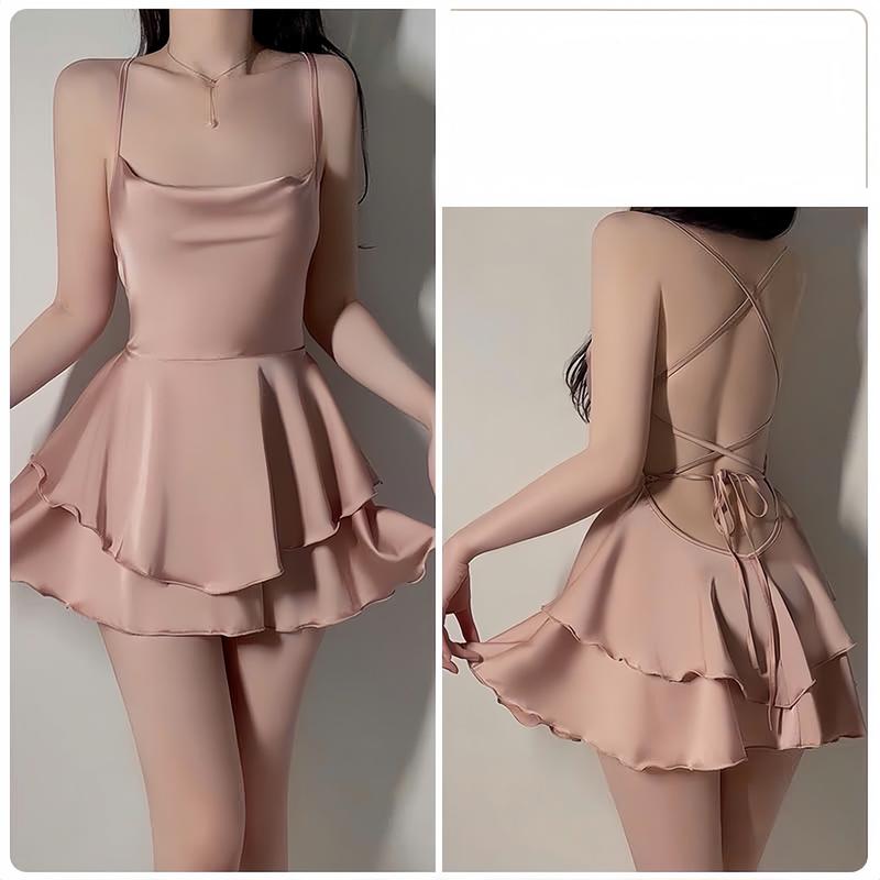 Bl104 -XA HANG Váy Lụa Quảng Châu, Váy Lụa dáng xoè có dây đan chéo lưng