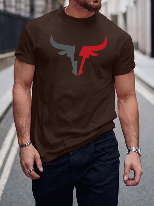 Men's Regular Fit Bull Print Round Neck Tee, Football Jerseys, Casual Short Sleeve Crew Neck T-shirt for Summer Daily Wear, Graphic Tees, Men's Summer Clothes Top for All Seasons, Football Shirts,  Streetwear 3