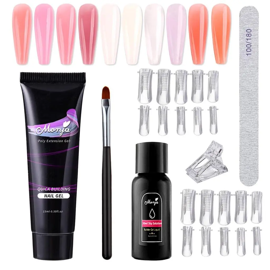 Monja 6Pcs / Set Nail Art Extension Kit 15ml UV Gel Kuku File Cetakan Bangunan Kuku Palsu Tips Ekstensi Lukisan Sikat Slip Solusi Klip Set Perawatan Kuku