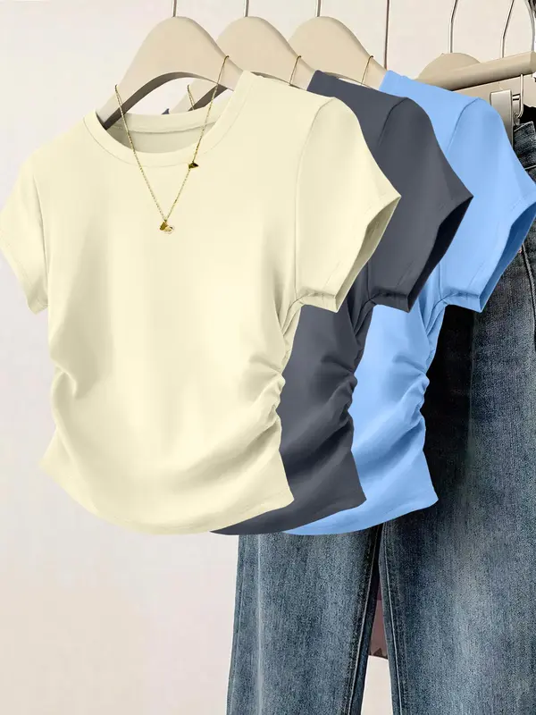 Women's Plain Curved Hem Ribbed Tee, Casual Short Sleeve Round Neck T-shirt for Daily Wear, Ladies Clothes for All Seasons, Top, Womenswear 1