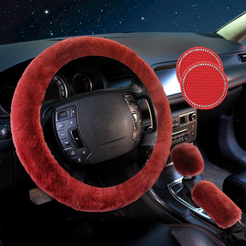 Car Steering Wheel Cover & Gear Shift Protector & Cup Holder Coaster, 5 Counts/set Plush Car Steering Wheel Protector, Universal Car Interior Accessories 4