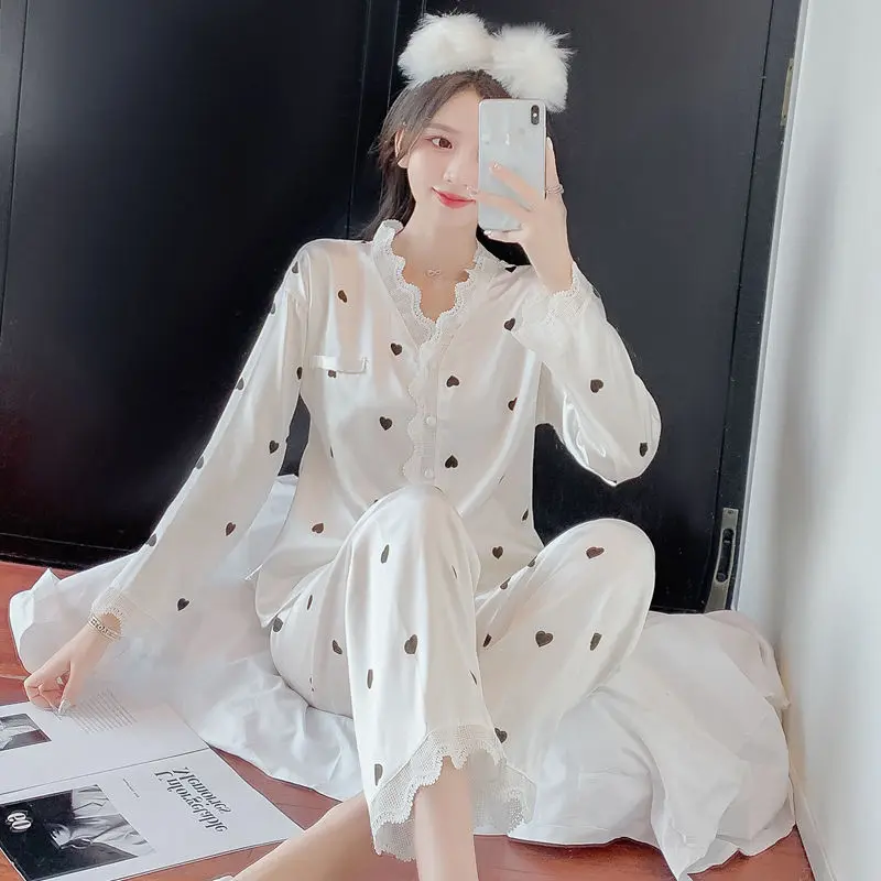 Bộ Đồ Ngủ Cho Nữ, Phong Cách Mùa Xuân Và Mùa Thu, Chất Liệu Lụa Lạnh Dài Tay, Thiết Kế Ren Phong Cách Cung Điện, Siêu Thanh Lịch, Thích Hợp Mặc Nhà, Bộ Đồ Hai Mảnh, 20252025