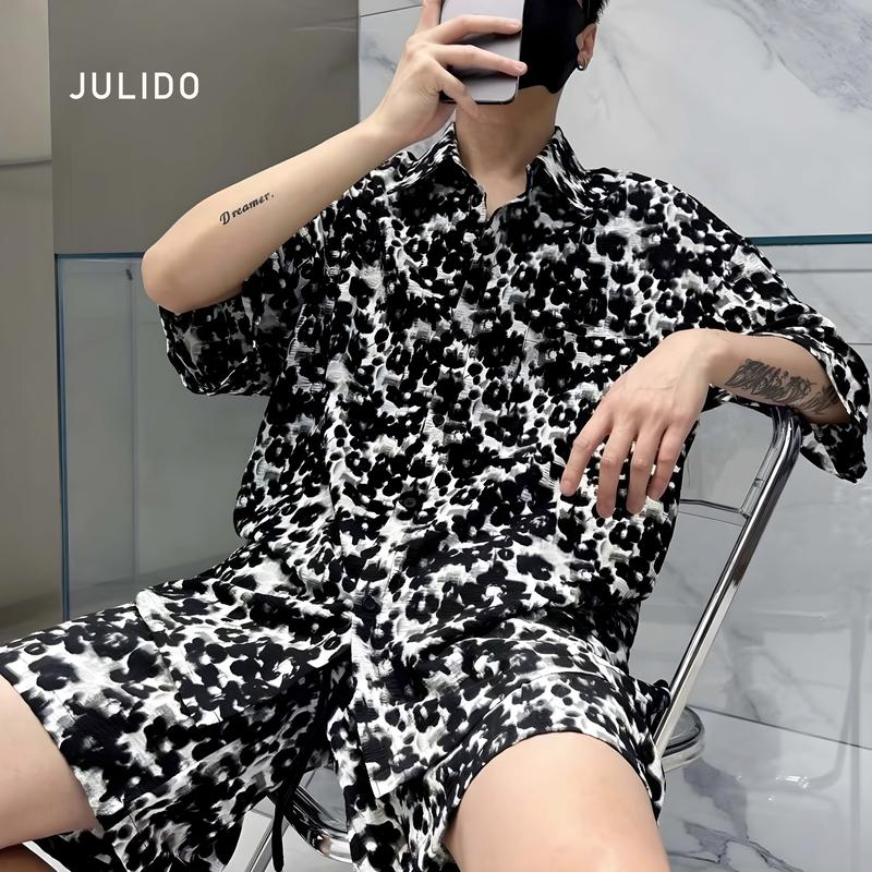 Áo sơ mi nam(+quần) JULIDO chất vải đũi lụa mịn mát vân loang cổ sơ mi thoáng mát tay ngắn mùa hè Màu đen Menswear