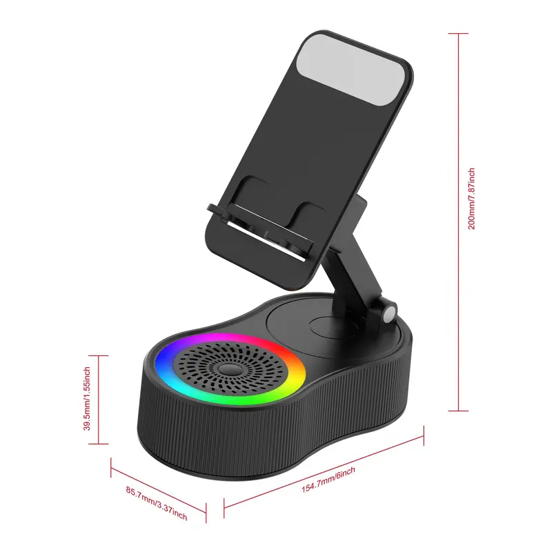Wireless Induction Audio Bluetooth Speaker, 5in1 Phone Holder, Emergency Rechargeable (4000mAh) with Colorful Ambient Light Foldable for Tablet iPhone Android, Gifts for Men Women, White, Smartphone 1
