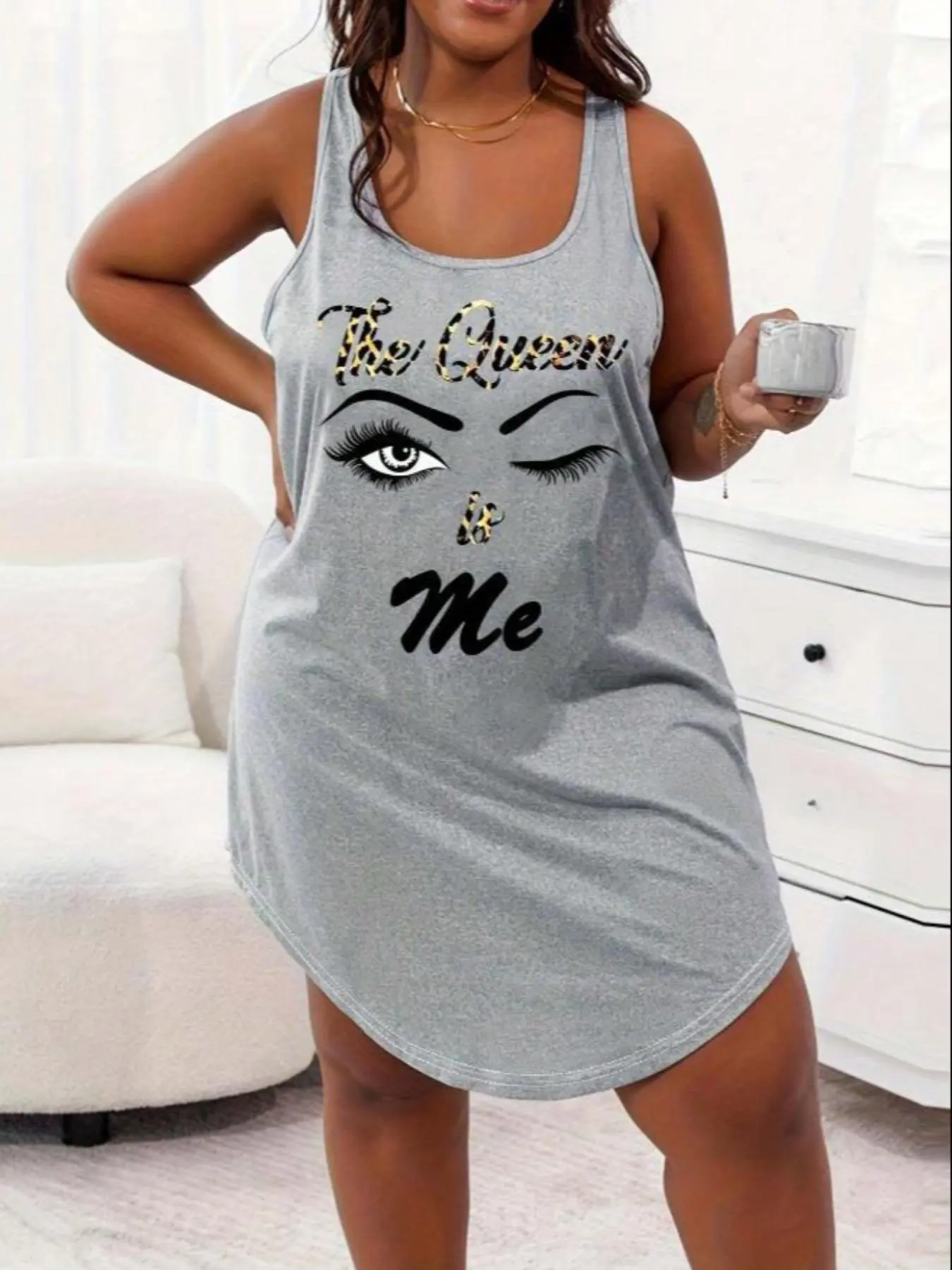 【Plus Size】 Letter Print Tank Nightdress, Casual Soft Comfortable Sleeveless Nightgown for Women, Women's Sleepwear for All Seasons, Loungewear