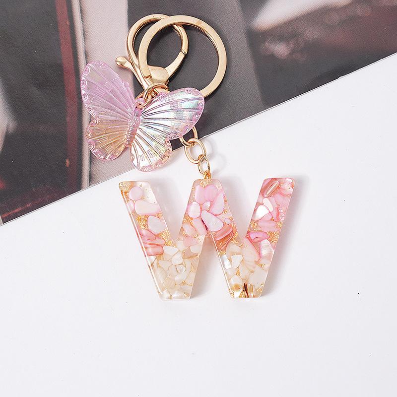Product Introduction of [QQQ]Pink Dream Butterfly 26 Letters A To Z Resin Keychain 26 Initials White Stone  Leaf Pendant Keyring Backpack Charm Bag Decor 35