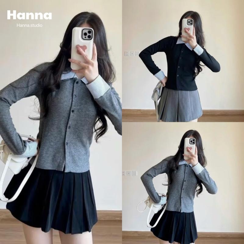 Áo thun tăm phối cổ kẻ sơ mi cài cúc (form nhỏ), áo khoác xinh xắn Top Voi Nữ mặc 2 kiểu