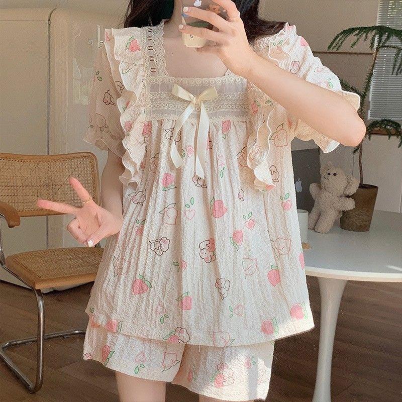 Product Introduction of Bộ đồ ngủ bằng vải bông mùa hè của phụ nữ Dễ thương Patrick Ngôi sao ngắn tay ren trang trí bong bóng Nếp nhăn Mục vụ Loungewear hai mảnh Áo 26