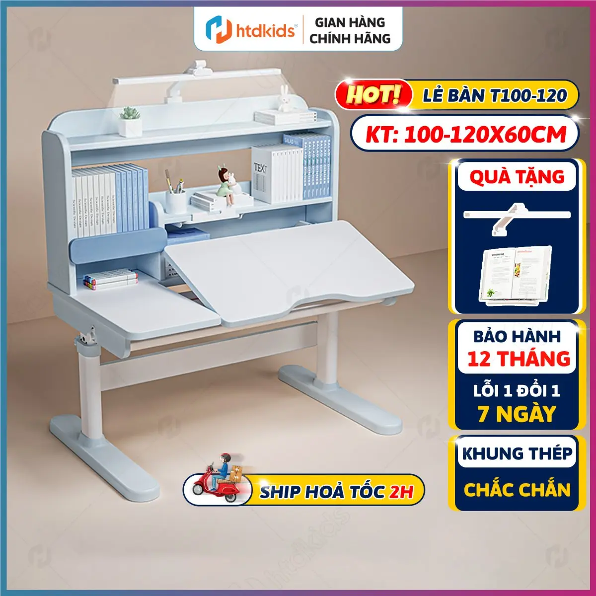 Bàn học sinh chống gù cao cấp mới HTDkids T120, Cốt gỗ tự nhiên, Mặt bàn rộng 120CM tăng giảm chiều cao bàn, giá sách tiện lợi kèm đèn học góc sáng rộng