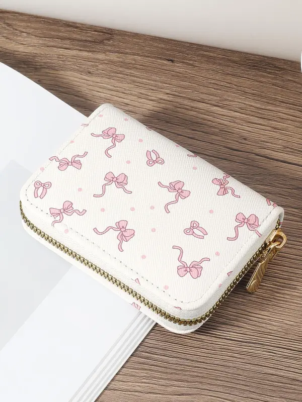 Women's Cute Cartoon Bow Pattern Card Holder, Casual Multi Card Holder with Double Zipper, Simple Casual Multi Card Holder for Outdoor Activities, Travel, and School 7