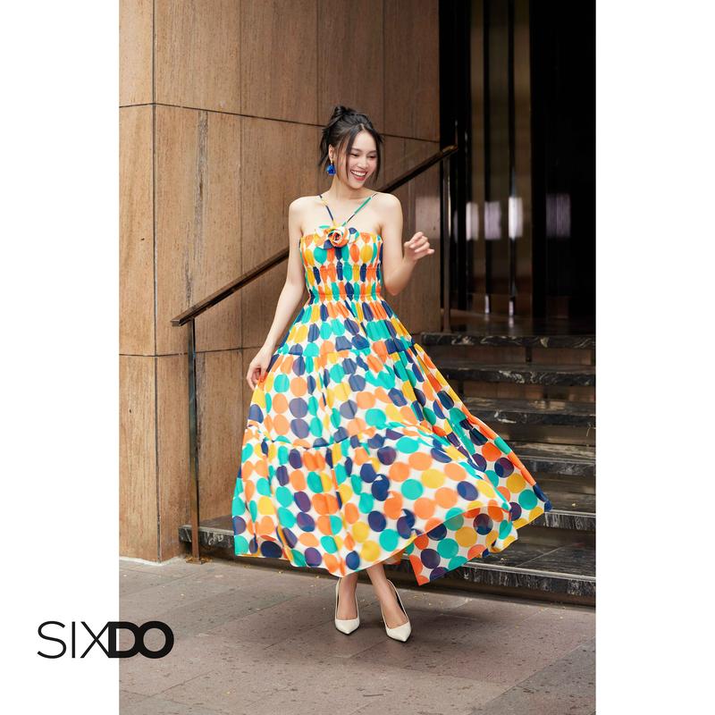 Đầm kem chiffon chấm bi SIXDO (Cream Polka Dots Midi Chiffon Dress)